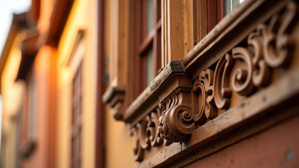 Wooden architectural details and decorative elements on historic buildings