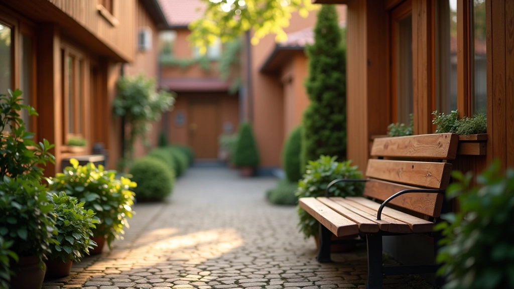 Comfortable seating area in a traditional Riga wooden courtyard with architectural details visible in background