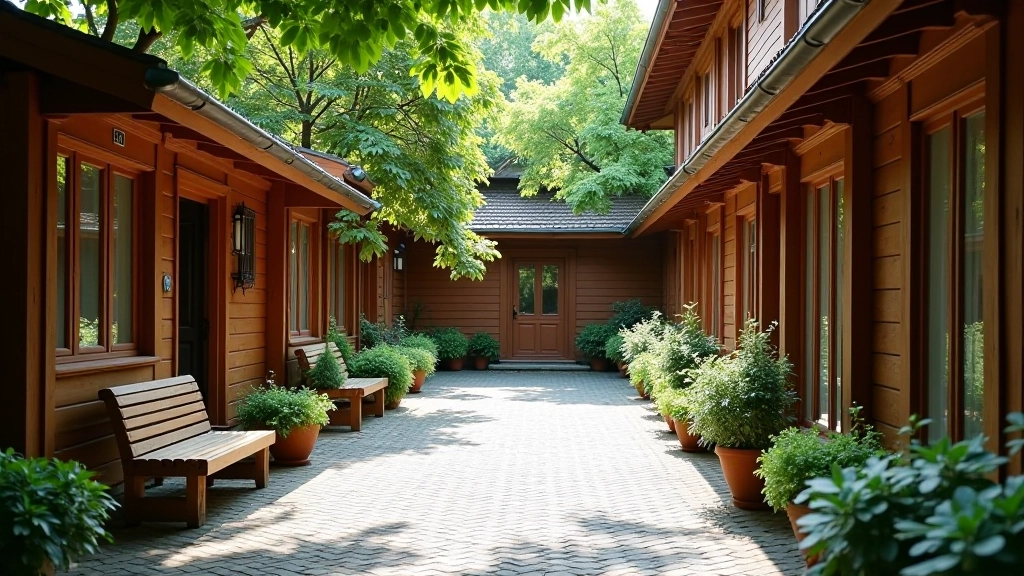 Kalnciema Quarter courtyard with traditional wooden buildings surrounding a quiet paved space, potted plants and benches, dappled shade from trees