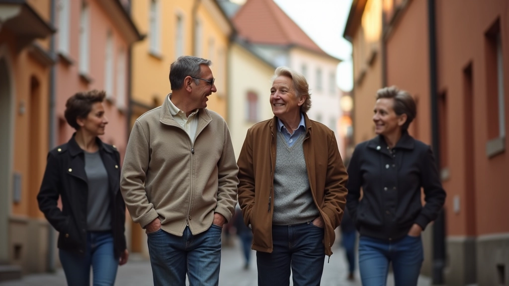 Retirees enjoying a leisurely walk through Riga's historic wooden architecture district with guide