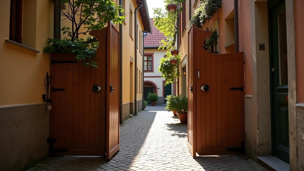 Narrow wooden gate entrance leading into a traditional courtyard with historic buildings visible