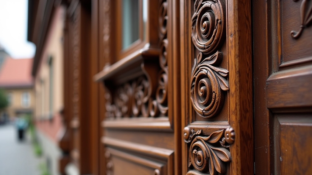 Close-up of intricate wooden carved ornaments on traditional building facade with geometric patterns and nature motifs