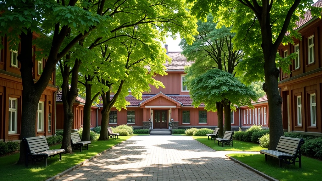 Peaceful tree-lined courtyard between wooden buildings with benches and natural shade for resting