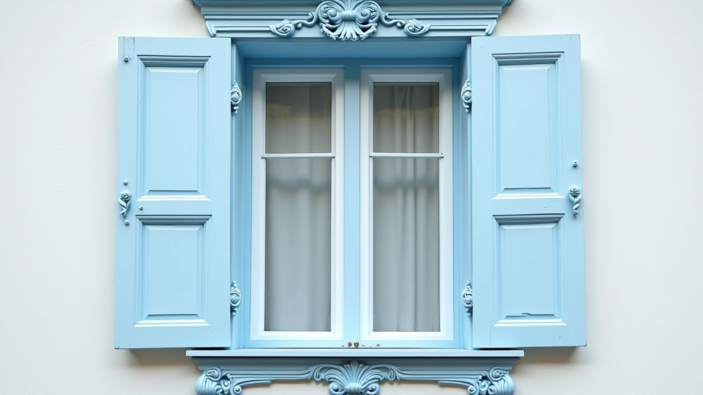 Close-up of traditional wooden house facade with ornate carved window frame painted in pale blue, painted shutters and weathered details