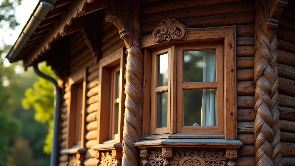 Detailed view of traditional wooden house with ornate carved decorations and painted window frames