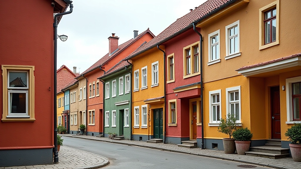 Row of traditional Riga wooden houses with varied painted colors and architectural styles from different periods