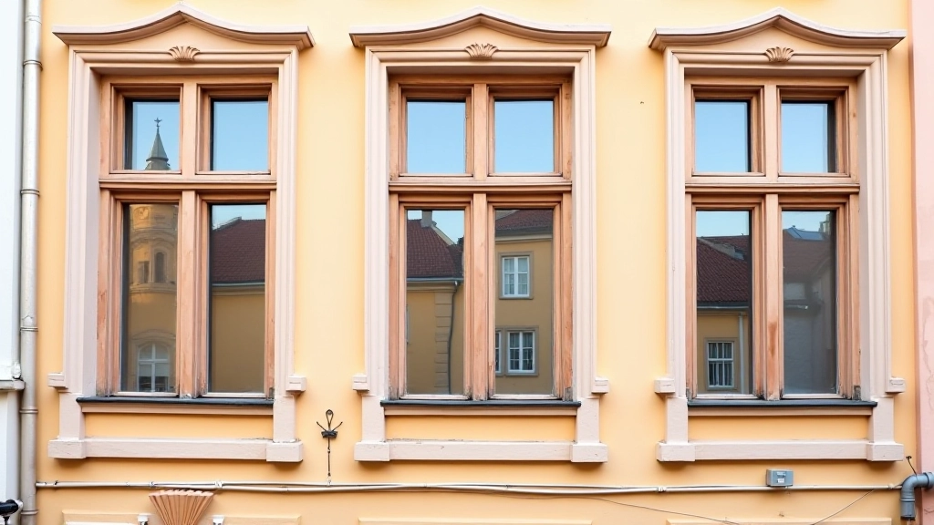 Traditional wooden window frames showing different styles from various time periods with distinctive muntins and decorative surrounds