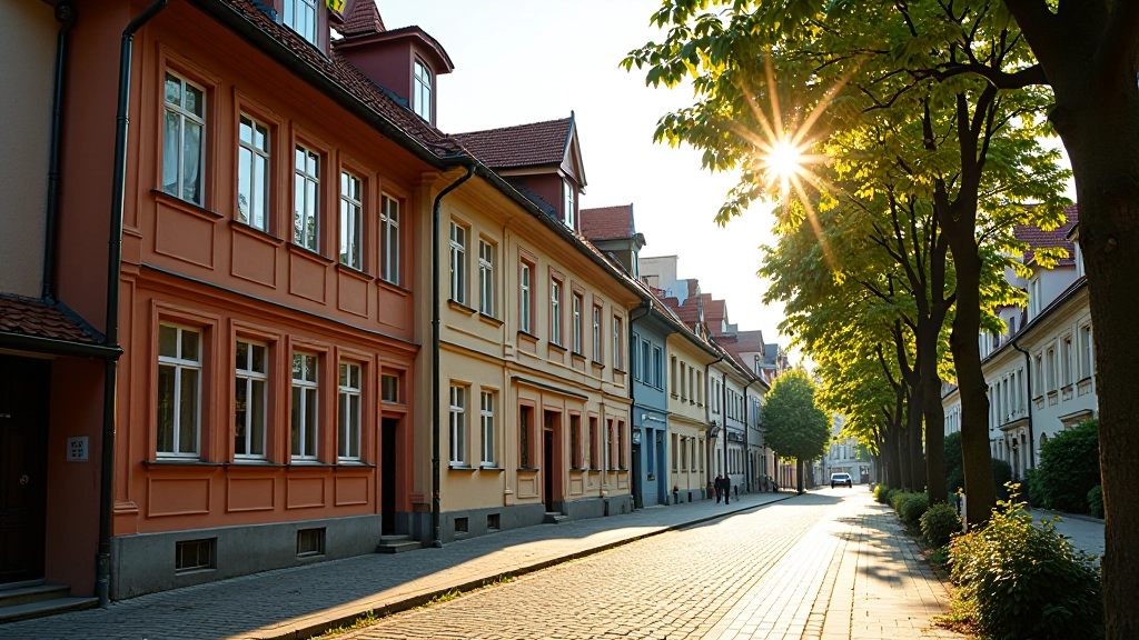 Historic wooden buildings with ornate window frames in Riga's Kalnciema Quarter district